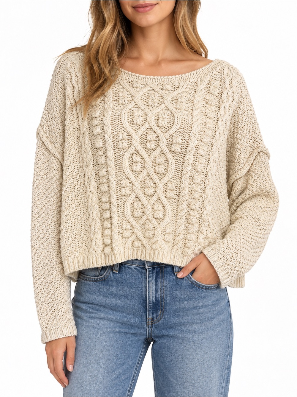 Altar’d State Ivory Sculptural Bobble Cable Crop Sweater Oversized L